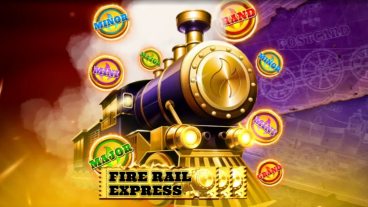Interface do slot Fire Rail Express com tema de trem industrial
