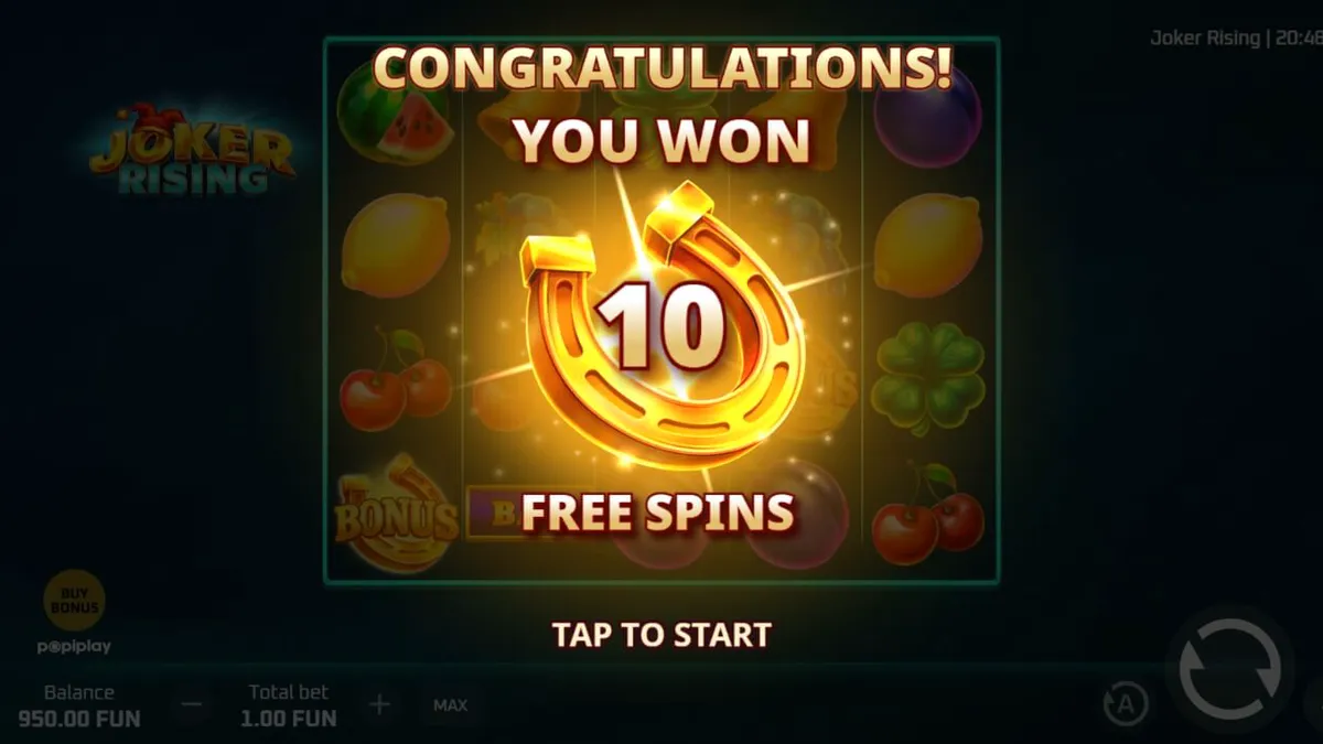 Interface vibrante e colorida do slot Joker Rising com símbolos de frutas e Joker