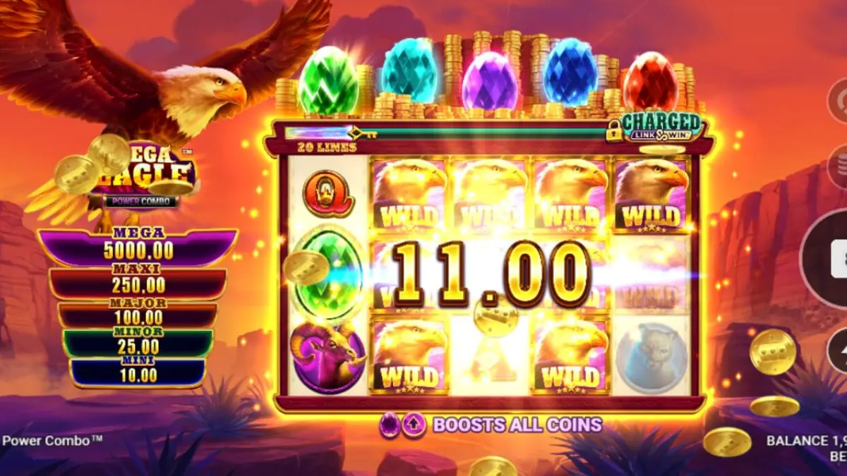 Cenário dramático de montanhas selvagens com águia em destaque no slot Mega Eagle Power Combo