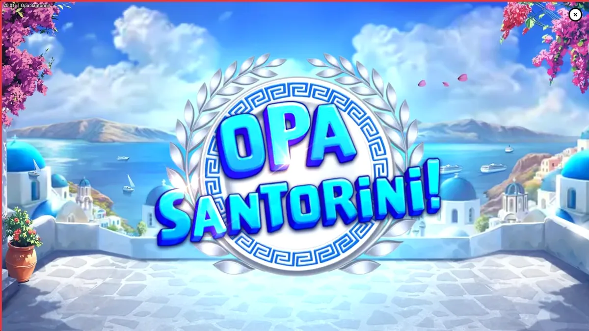 Cenário ensolarado de Santorini com casas brancas e cúpulas azuis, tema do slot Opa Santorini!